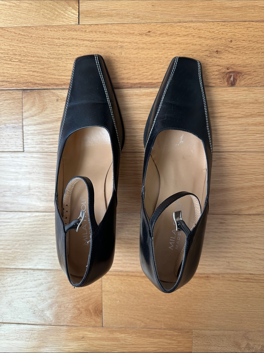 Milano Black Square-Toe Slingback Pumps with Contrast Stitching